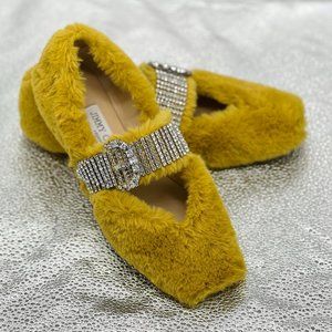 Jimmy Choo Krista Faux Fur Cyrstal Embellished Krista Flats 36 Yellow